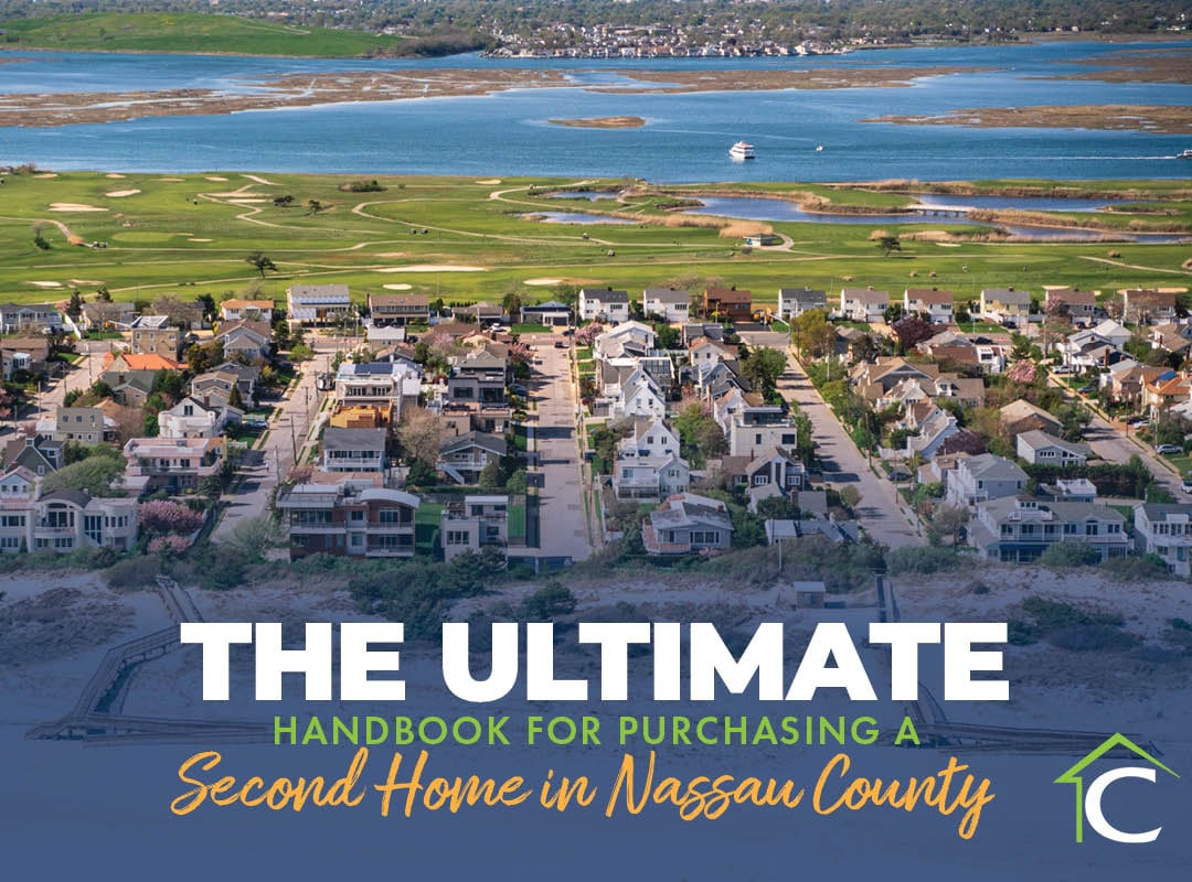 The Ultimate Handbook for Purchasing a Second Home in Nassau County text on overlay image of montauk lighthouse