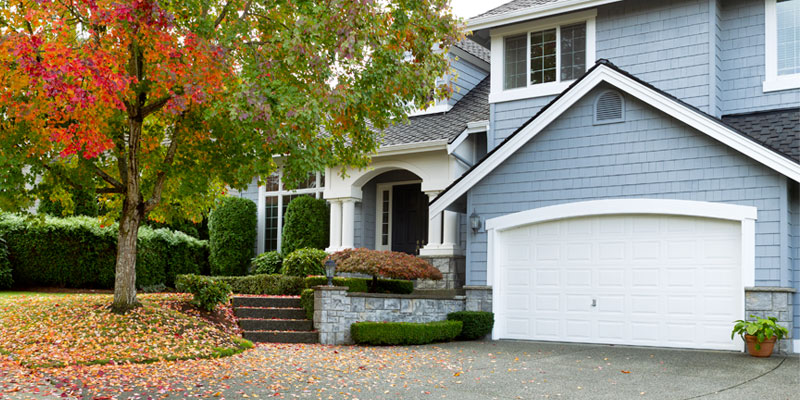 view of front of a home with leaves falling in the yard