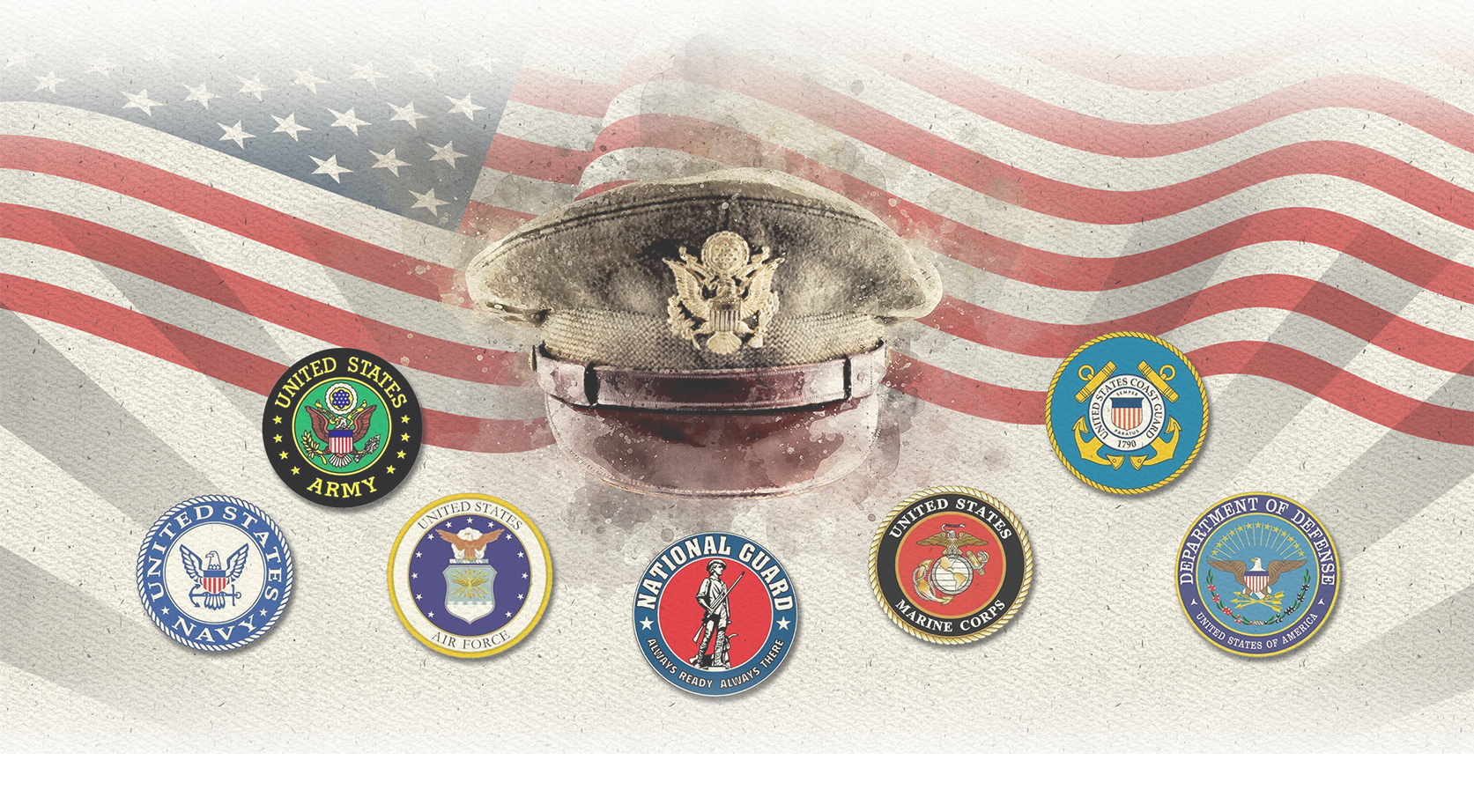 photo of military badges on american flag background